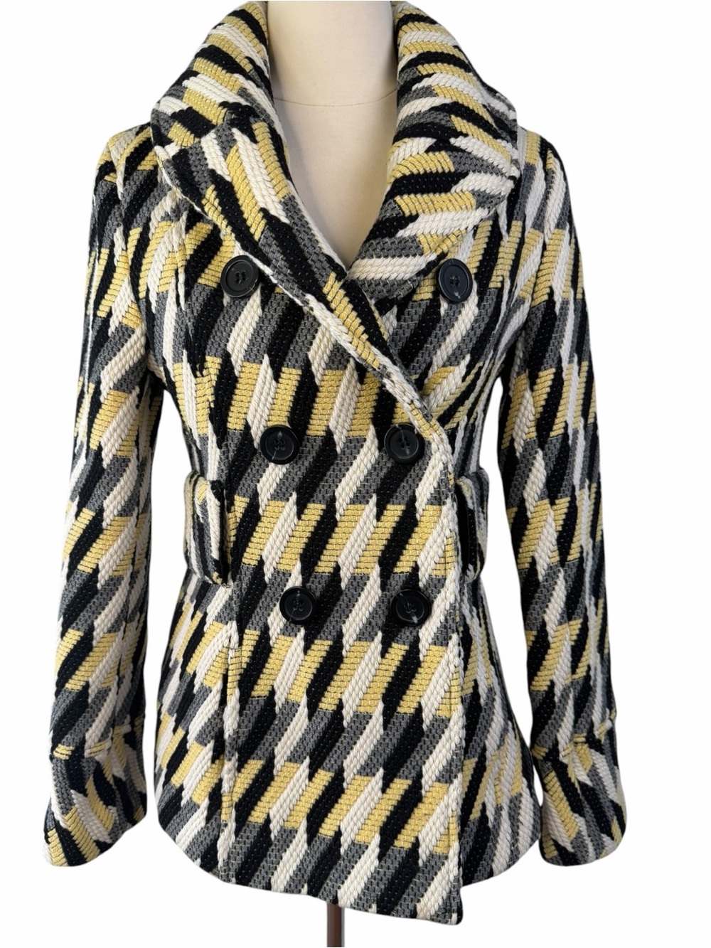 BUFFALO David Bitton Woven Houndstooth Double-Breasted Coat - Yellow/Black/White